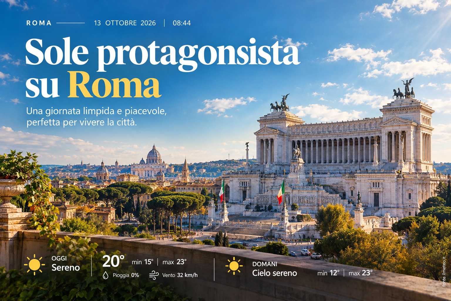 Meteo Roma, previsioni di oggi 13 Ottobre 2026: sereno