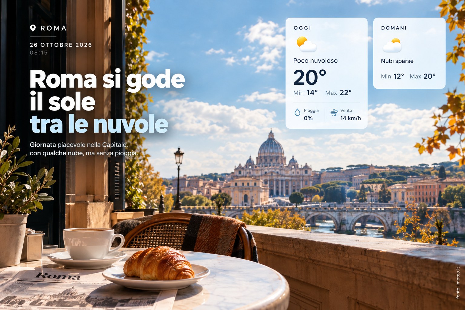Meteo Roma, previsioni di oggi 26 Ottobre 2026: poco nuvoloso