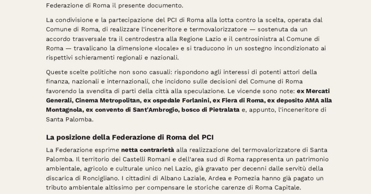 PCI Roma chiede alle forze politiche di dichiararsi indisponibili alla ricandidatura di Gualtieri sull’inceneritore di Santa Palomba