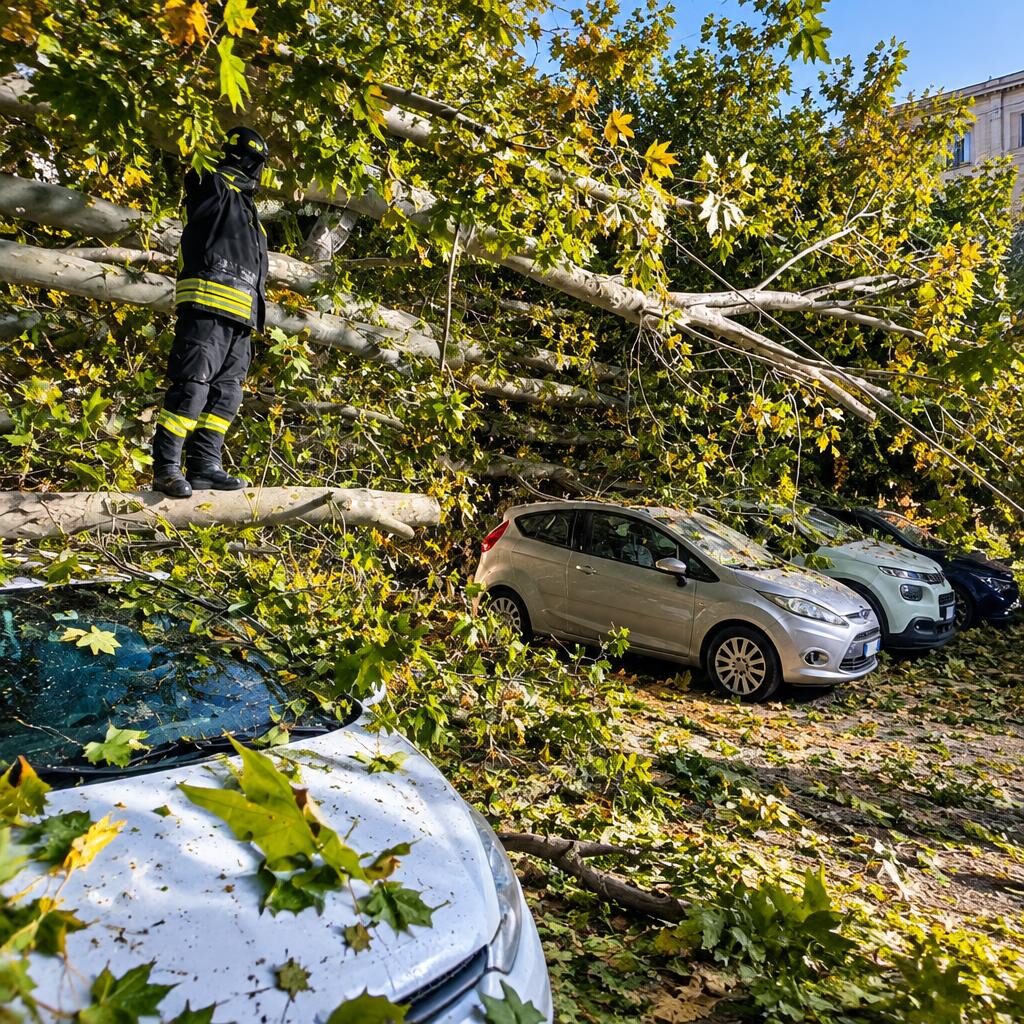 Platano crolla al Policlinico Umberto I: sette auto danneggiate