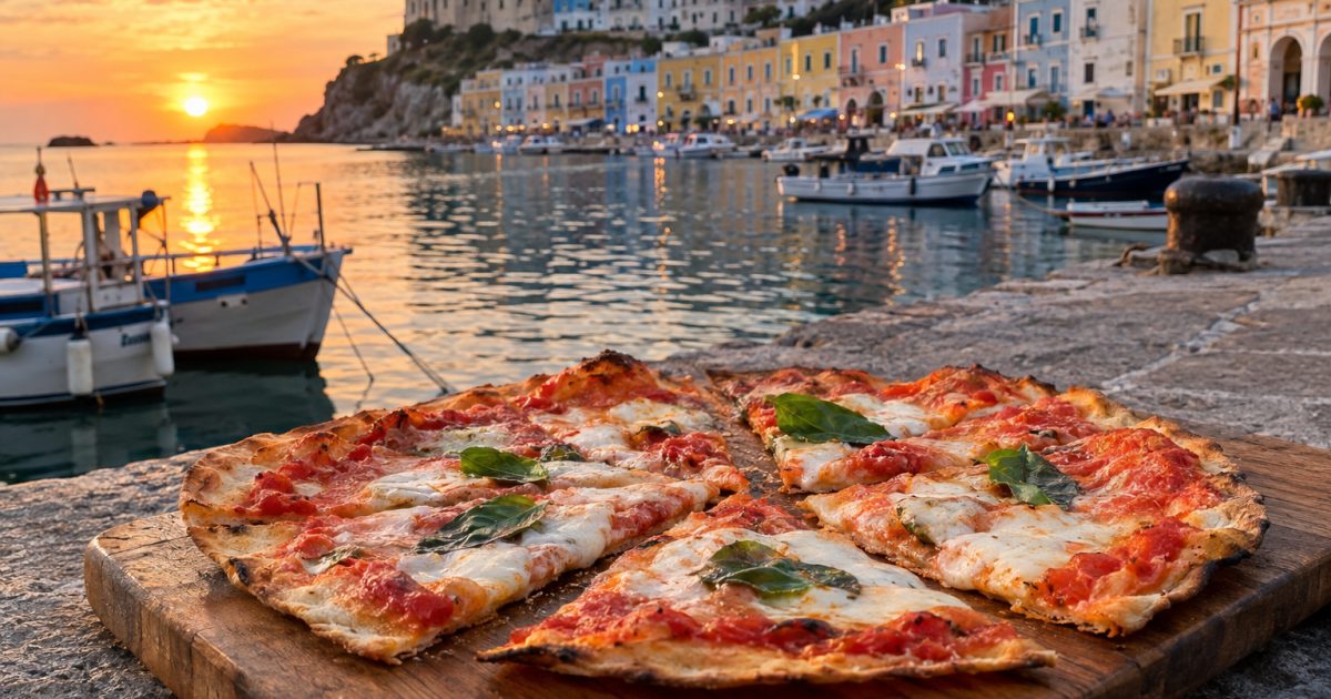 Ponza e il porto al tramonto: la pizza scrocchiarella tra vento, sale e luce mediterranea