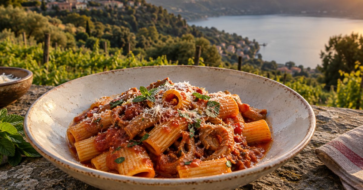 Rigatoni con la pajata ai Castelli Romani: la tradizione urbana davanti alle colline