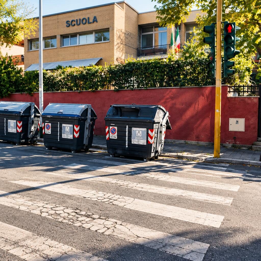 Roma, cassonetto sulle strisce davanti a scuola: chi controlla?