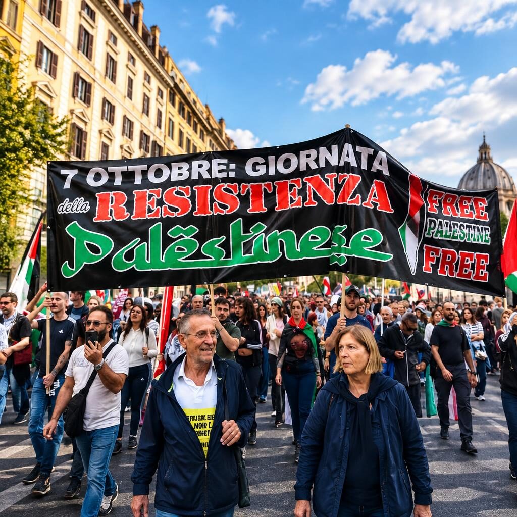 Roma, corteo pro-Palestina: lo striscione sul 7 ottobre divide