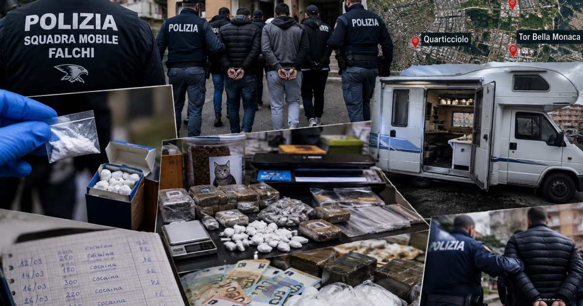 Roma, periferia est: matrioska domestica dello spaccio e camper-dispenser per le dosi. Otto arresti dei Falchi della Polizia di Stato; sequestro di oltre 4 kg di stupefacenti