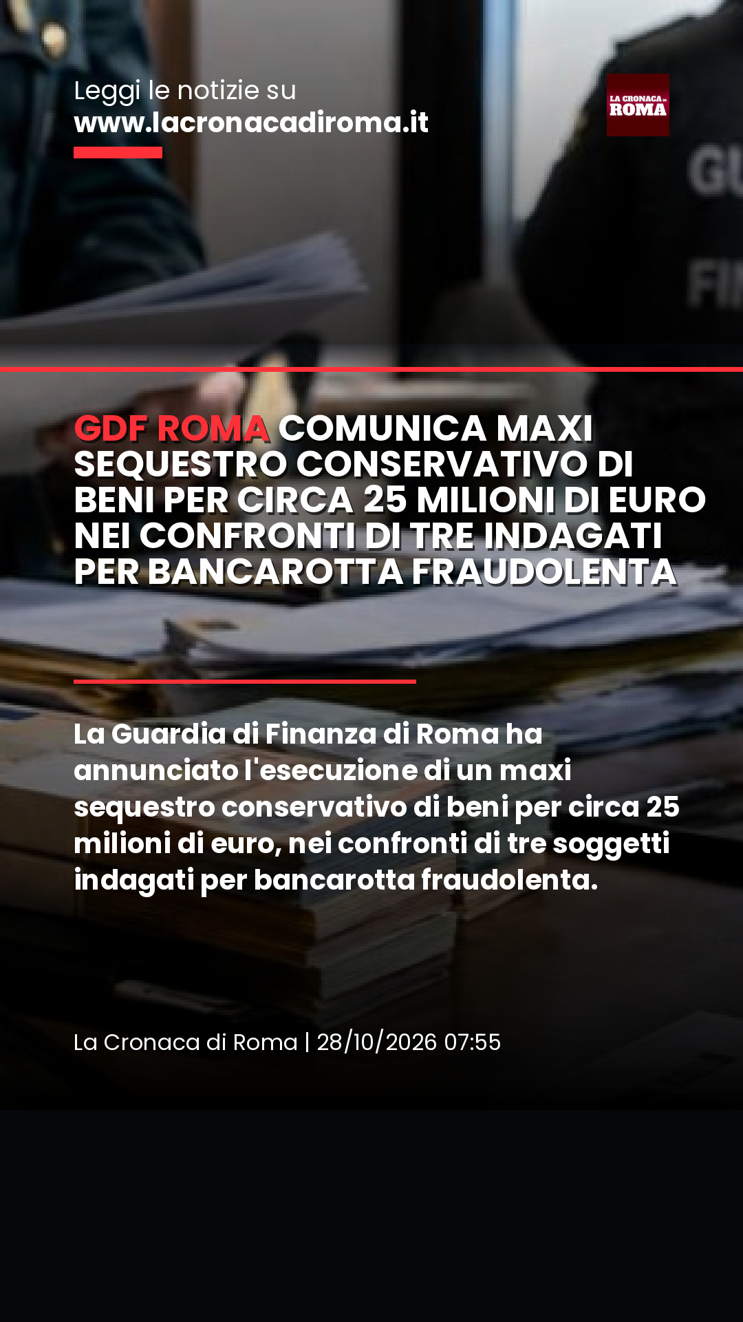 Roma, bancarotta fraudolenta: 25 milioni sotto sequestro, tre indagati