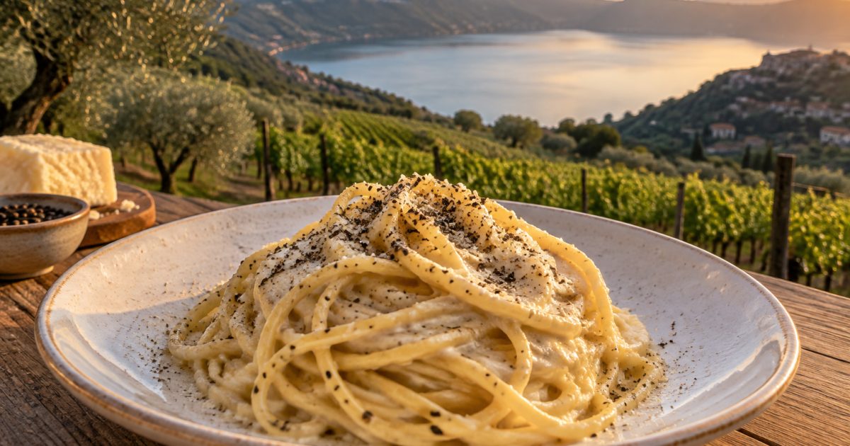 Tonnarelli cacio e pepe ai Castelli Romani, tra vigne e colline vulcaniche