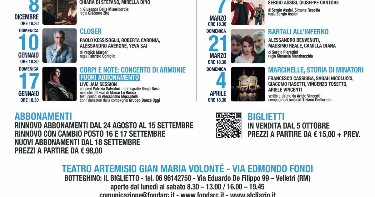 Velletri, al via la stagione di prosa del Teatro Artemisio-Volonté: otto spettacoli tra novembre e aprile 2026-2027